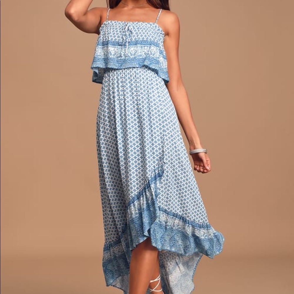 High-Low Blue & White Printed Maxi Dress from Lulus